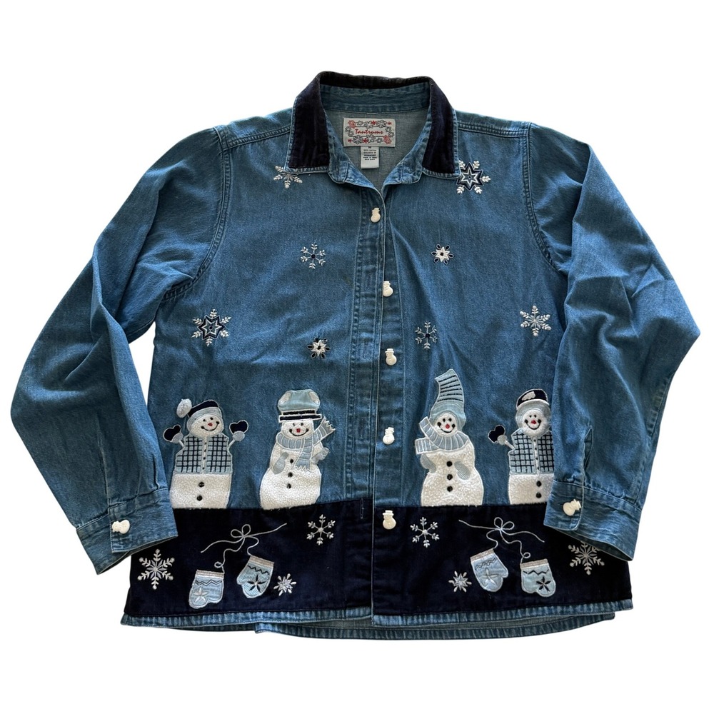 Tantrums Vintage Snowman Denim Button Down Shirt Blue Corduroy Collar Medium